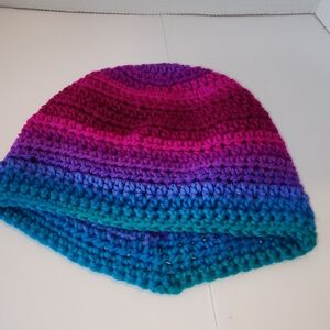 Beanie Crocheted Pink, purple And Blues Like New Strechy